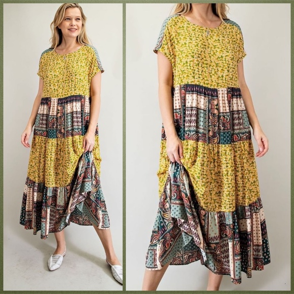 EASEL "Pretty Days" Cottagecore Mix Print Free Flow & Relaxed Pleated Maxi Dress - Picture 8 of 16